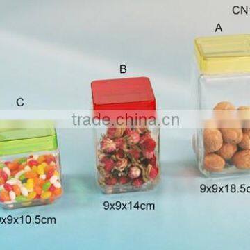 Square Clear Glass jar for food with colored plastic lid