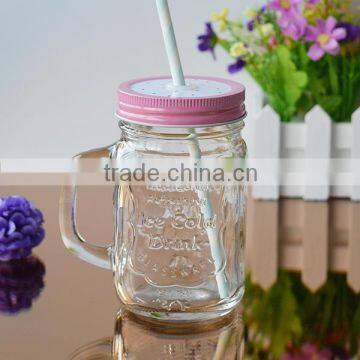 Transparent mason jar glass mug with lid and straw