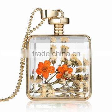 Lucky gold chain real flower in wishing bottle pendant handmade necklace