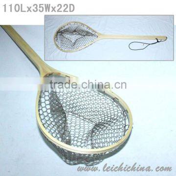 Wooden frame landing net with extra long handle with rubber net