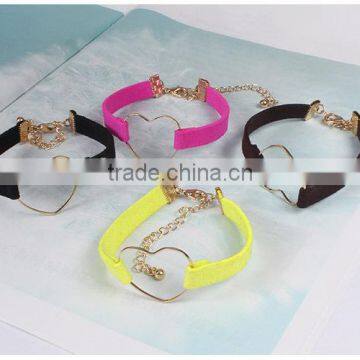 Gold Hollow Heart Charm Suede Leather Bracelet Lovers Jewelry Gifts