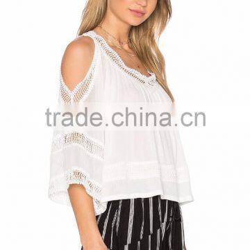 Hot Sale White Top With Lace Trim Details Cold Cool Shoulder Women Tops and Blouese photo-4