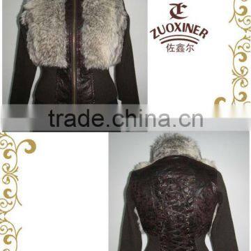 Ladies suede print jacket with sweater sleeve