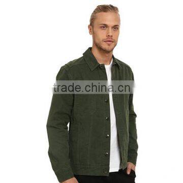 High Quality Green Plain Denim Varsity Jacket Custom Arc-shaped Back Hem photo-4