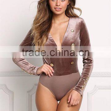 MGOO Fashion Custom Made Long Sleeves Bodysuits Velvet Breasted Tops V Neck Cocoa Polyester Spandex Blouses photo-2