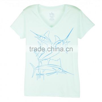 OEM Customized unique design poly/cotton blend printing V neck T shirt Wholesale Women shirts