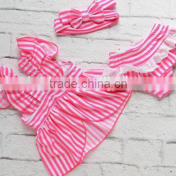 Wholesale Swimsuit Set Pink Stripe Dress Ruffle Bloomer Bowknot Headband photo-2