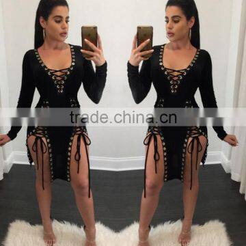 Zm50308b v Neck Hollow Out Women Clothes Pure Color Sexy Lady Dresses photo-6