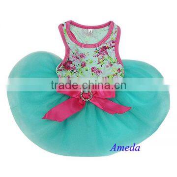 Aqua Blue Hot Pink Rose Flower Crystal Bow Party Dress Small Pet Dog Cat Clothes XS-L