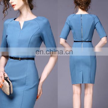 Wholesale OEM Elegant Women Middle Sleeve Bodycon Career Dress With Belt