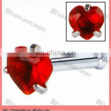 red crystal with heart shaped in stainless steel nose stud piercing jewelry rings