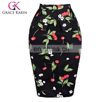 Grace Karin Occident Sexy Women Hips Wrapped Short Vintage Retro Dress Cotton Cherry Printed Skirt CL008928-4