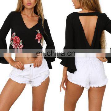 MIKA72003 Fashion Embroidery Ruffled Floral ladies Blouses V Neck Summer Sexy Backless Crop Tops