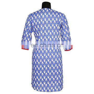 BLUE LEAVE PRINTED LATEST PATTERN WITH RED PATTI ON NECK 100% COTTON