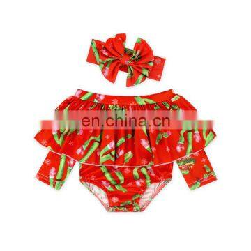Fashion off Shoulder Long Sleeve Ruffle Baby Romper Bodysuit and Floral Headband 13 Styles You Can Choose photo-4