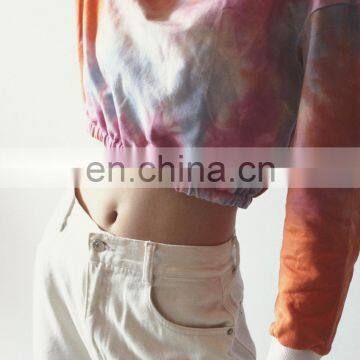Custom Logo Long Sleeve Crew Neck Tie Dye Blue and Pink Crop Top for Women photo-5