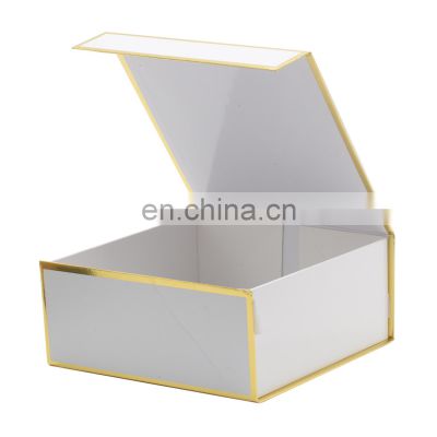 High quality white box with custom printing gold brim clam shell box with magnetic closure for clothing shoes garment packing