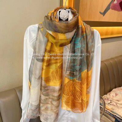 Prevent Bask Scarves Moire Sunscreen Silk Paintings Scarf Flowers Beach Scaves High Quality photo-2