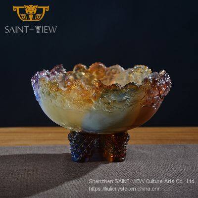 Handmade Casting Art Glass Chinese Dragons Treasure Bowl Fengshui Ornaments photo-4