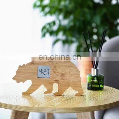 Creative Design Animal Bear Shaped Bedroom Desktop LCD Bamboo Digital Alarm Clock