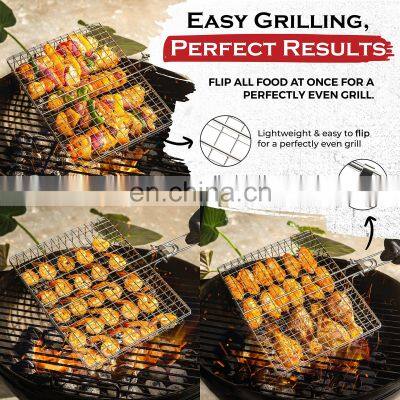 Stainless Steel Large Folding Grill Basket With Handle Basting Brush & A Portable Storage Bag Barbecue Grilling Basket photo-4