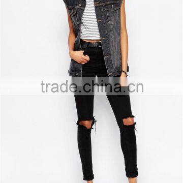 denim washed women casual waistcoat out wear OEM service