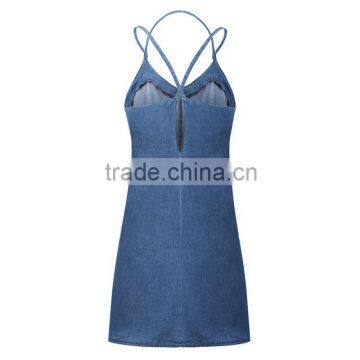 2015 fashion Hot Girl Sexy Backless Cross Spaghtti Strap Denim Dress