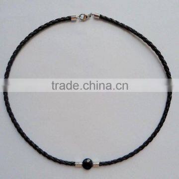 YY004-4 latest charm jewelry real black leather necklace with black gemstone