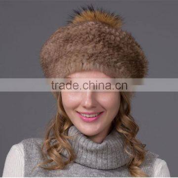 Fashion 2016 women genuine mink fur Winter Knitted hat with fox fur ball