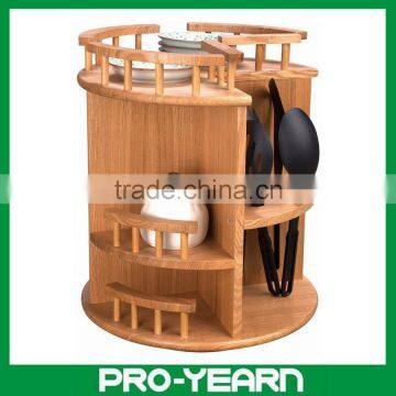 Wooden Kitchen Spoon Dish Storage Rack with Barrier Rails and Turnplate