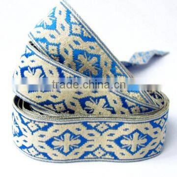 White on blue woven jacquard ribbon trim