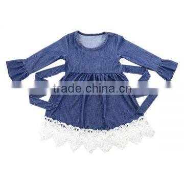 Latest party wear dresses for girls long sleeve ruffle hot sale fashion baby denim dress