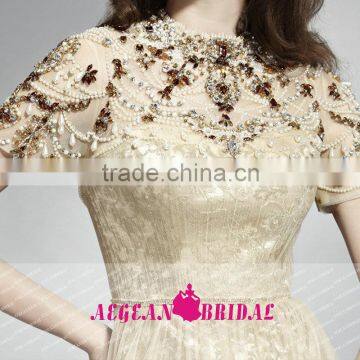 HT74 NEW Fashion Elegant High Neck Short Sleeve Prom Dresses Beaded Crystal A-line Floor Length Vestido Longo Azul photo-4