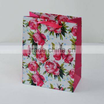 new fancy design for 2015 printed red flower paper bag with ribbon handle supplier and manufacture