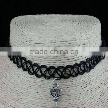 Black elastic nylon rope with silver alloy key shape choker necklace