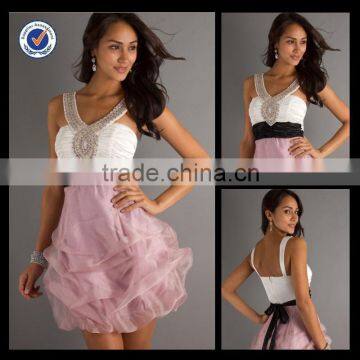 New Design Wholesale Custom Made Mini White Pink Organza Prom Dress With Black Belt Homecoming Dress H0071