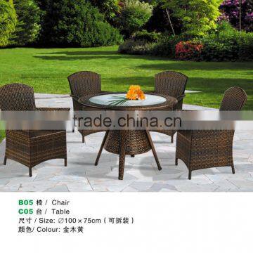 Rattan Wicker 3 Pieces Set of 2 Chairs W/cushions and Round Coffee Table W/glass Colonial (Golden Yellow) Color