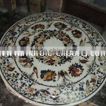 White Round Marble Stone Inlay Dinning Table Top Pietra Dura Table Top