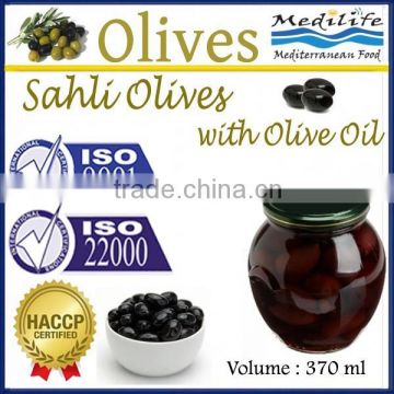 High Quality 100% Tunisian Table Olives. Black Olives,Sahli Olives with Olive Oil, Natural Sahli Olives with Olive Oil. 370 ml G