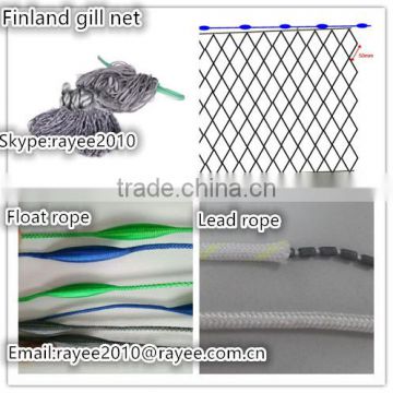 Gill net China Handmade finland fishing net,double knot 10 mesh depth x 100m length with float rope and lead rope