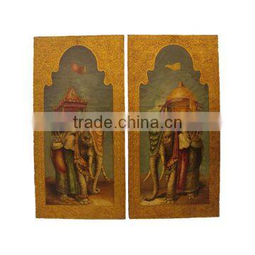 Noble Hand Painted Elephant Pattern Wall Painting, A Pair of Decor Wood Hanging Wall Picture, Classical Drawing Hanging Wall Art