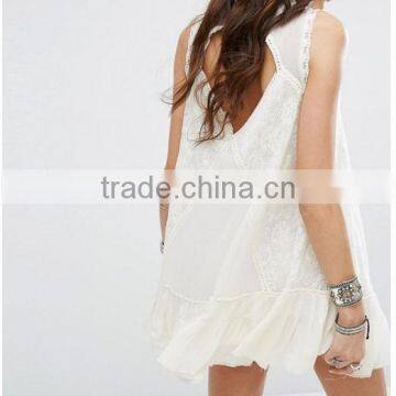 Women Summer Bohemian Casual Wear, Swing Style Ivory Top Woven Lace Cotton Mini Dress