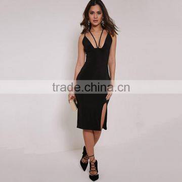 Black double strap slinky silk midi dress silk dress