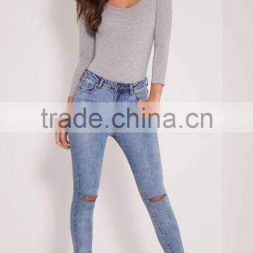 Custom Size One Piece Plain Jumpsuit Long Sleeve Basic Grey Scoop Neck Thong Bodysuit photo-4