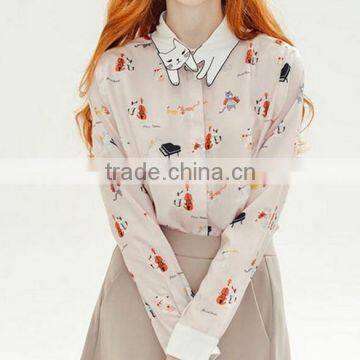 2017 2018 ladies cat print pink chiffon collar fashion blouses