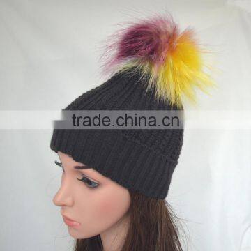 Myfur Black Color Unisex Winter Woolen Beanie with Fur Pompom Top