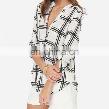CHEFON Roll Tab Half Sleeve Deep v Neck Plaid Print Fashion Patterns of Chiffon Blouses photo-2