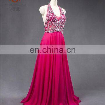 Cheap Best Quality ZZ-E0012 See Through Backless Halter Beading Long Chiffon Evening Dress photo-3