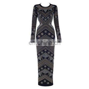 Latest Celebrity Design Women Elegant Long Sleeve Backless Evening Sequins Beaded Maxi Party Dresses