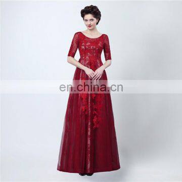 Real Sample Fashion A line Lace-up Scoop Floor-length Lace Appliqued Formal 1/2 Long Sleeve Backless Party Evening Dresses